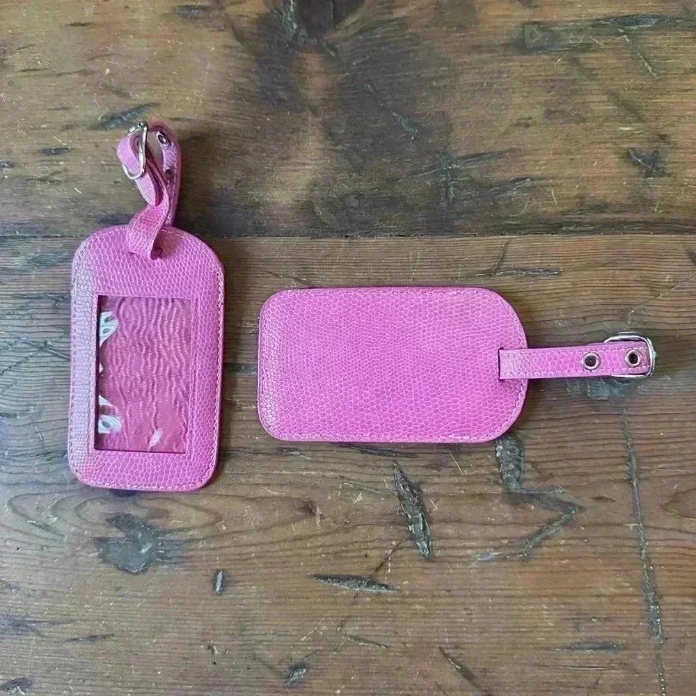 Lillian Vernon Set of 2 Pink Real Leather Luggage Tags NWOT - Picture 3 of 3